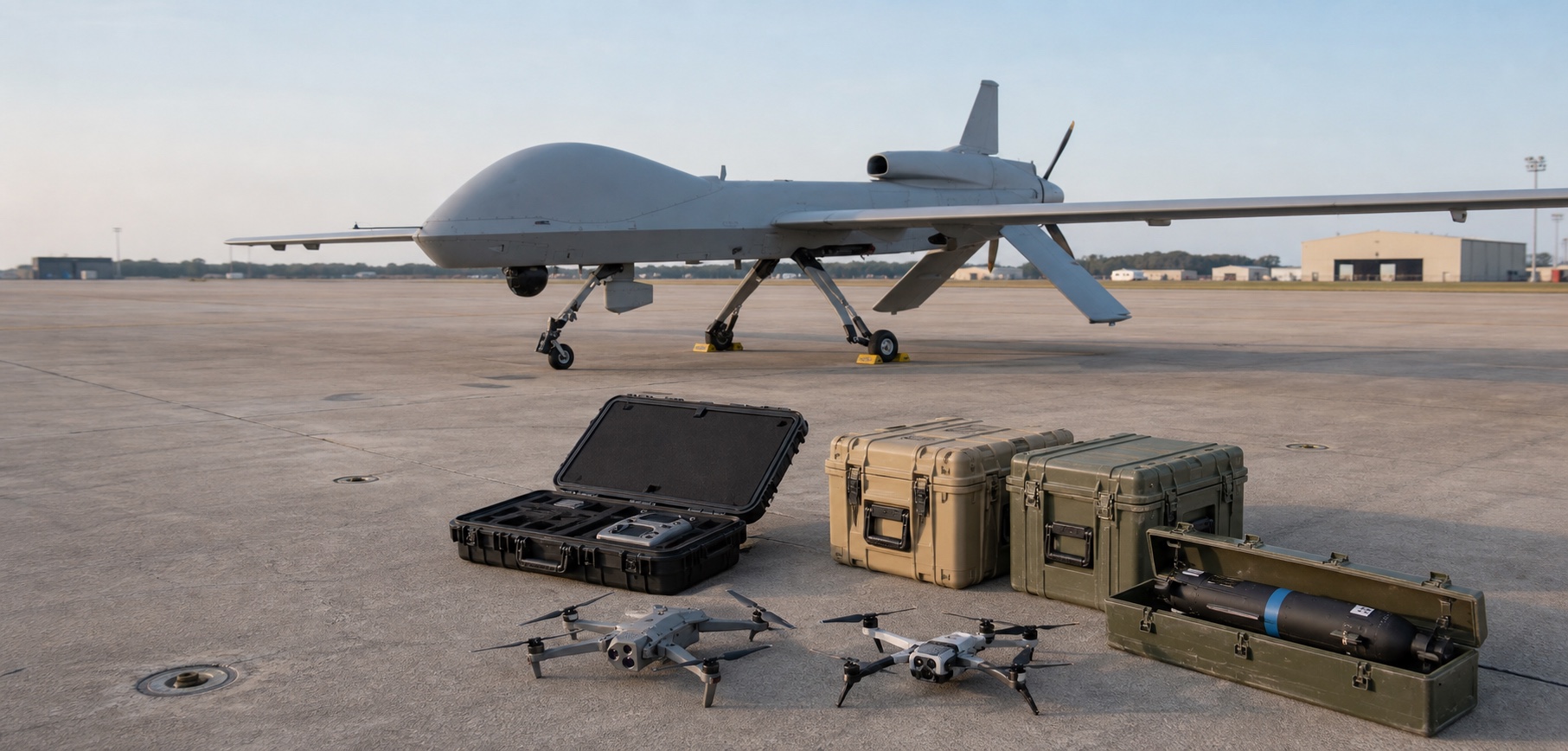 Representative military UAS systems and field equipment on a flight line