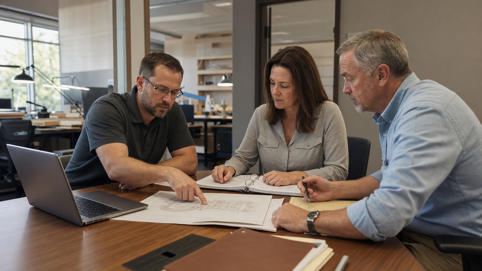 A federal contractor team reviewing technical work together